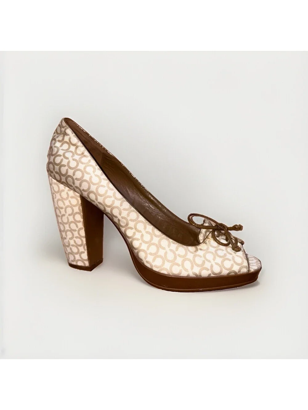COACH Corey Pumps High Heel Bow Peep Toe Chunky Shoes 10 B Signature Lace Up